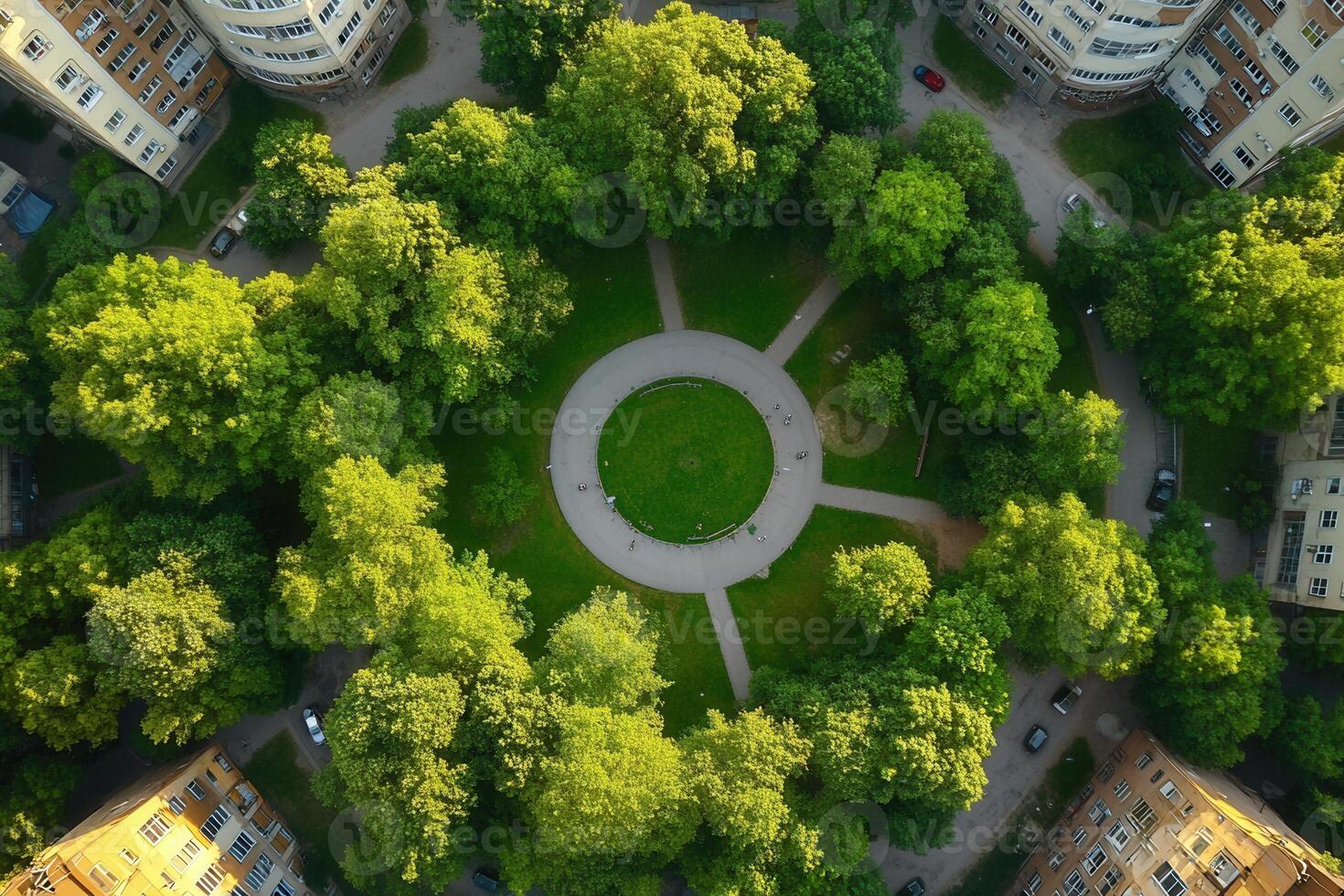 Aerial view of a circular park surrounded by apartment buildings. photo