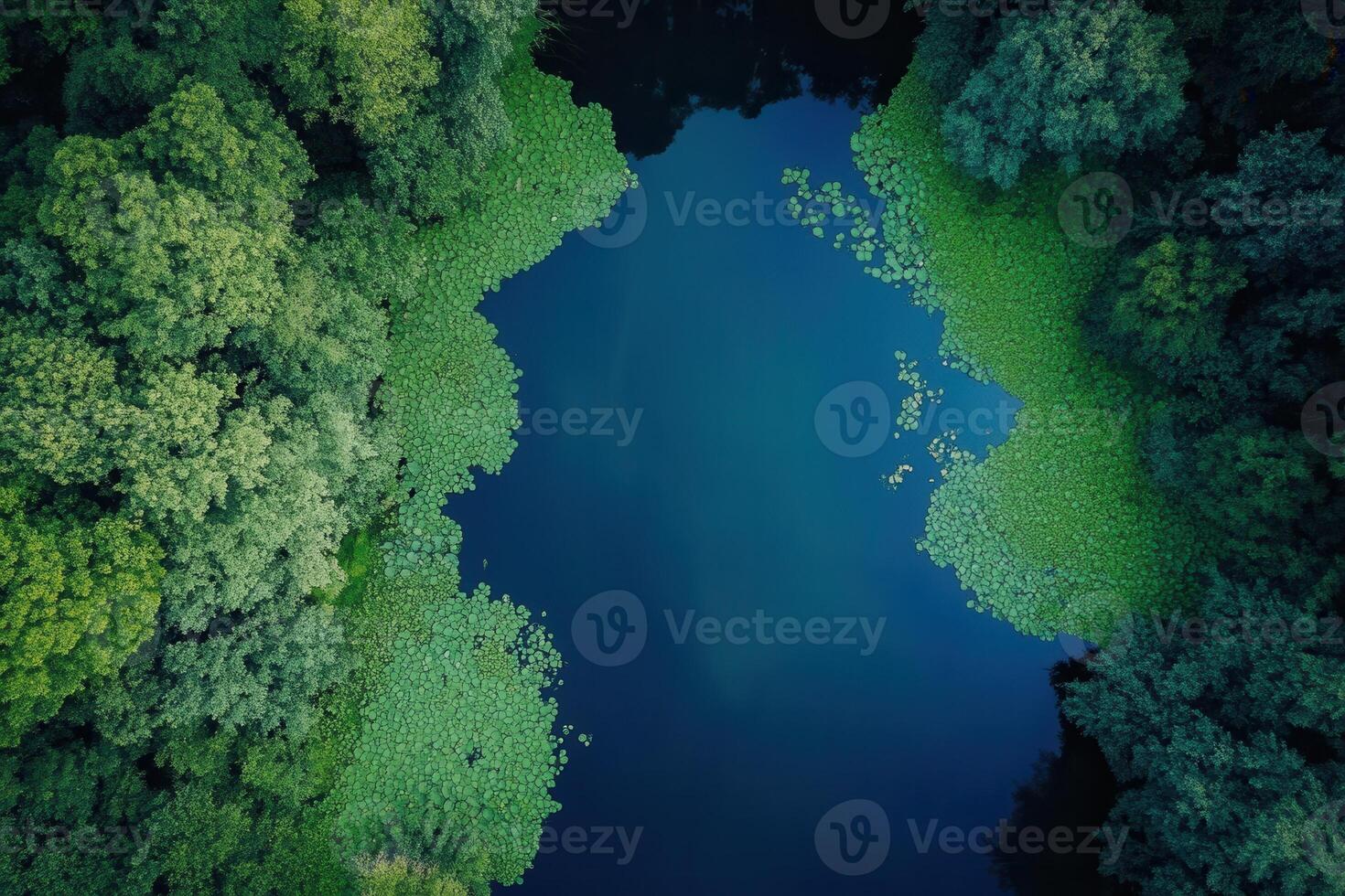 Aerial view of a serene forest lake. photo