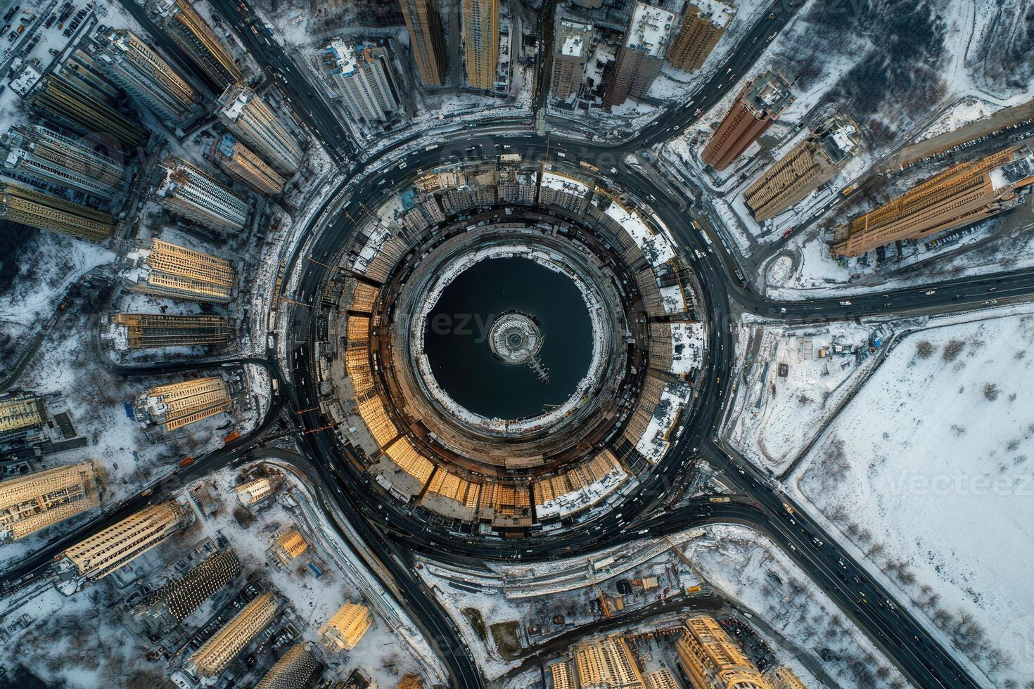 Aerial view of a circular road surrounding a lake in a snow-covered city. photo