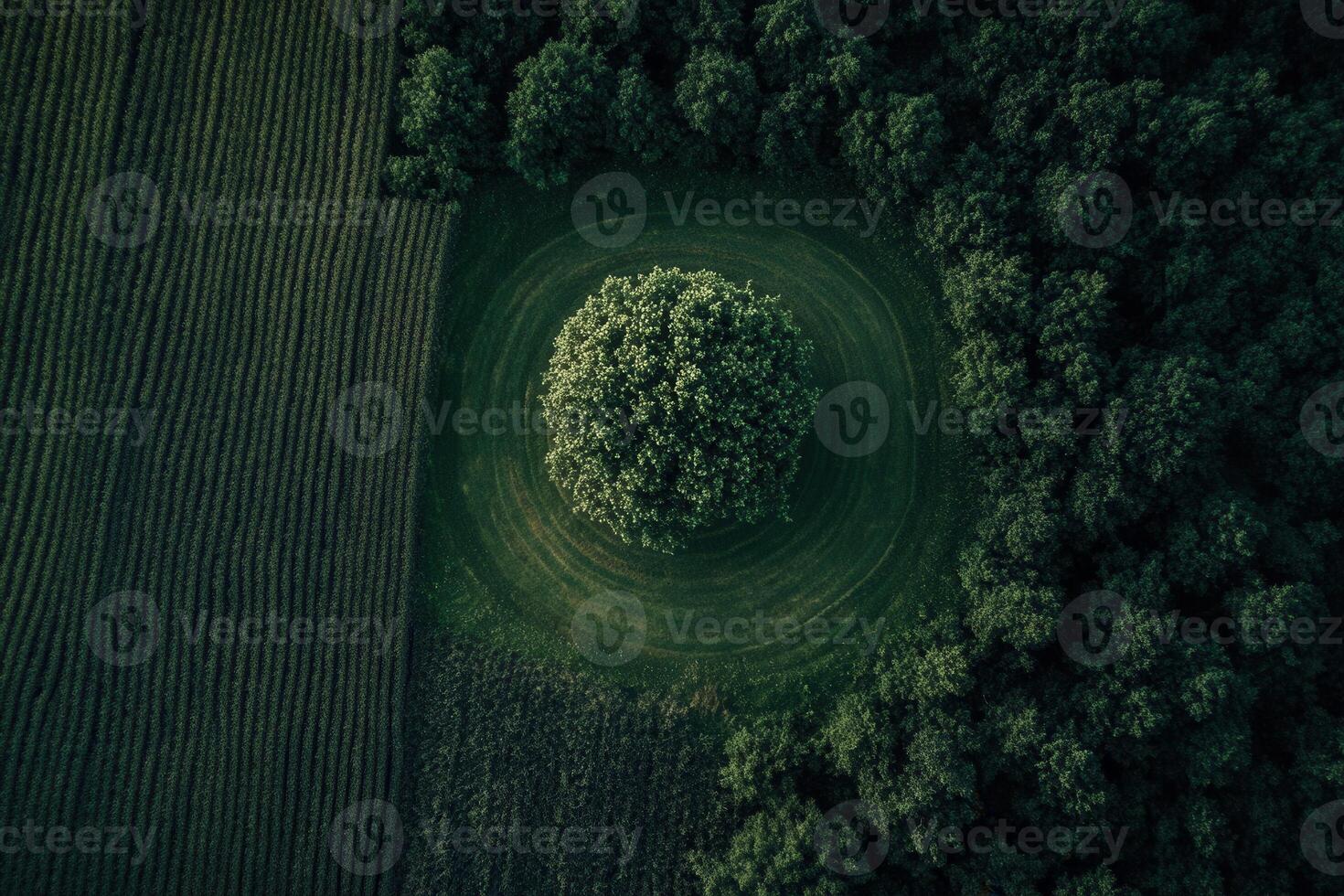 Aerial view of a single tree in a circular clearing surrounded by forest and farmland. photo