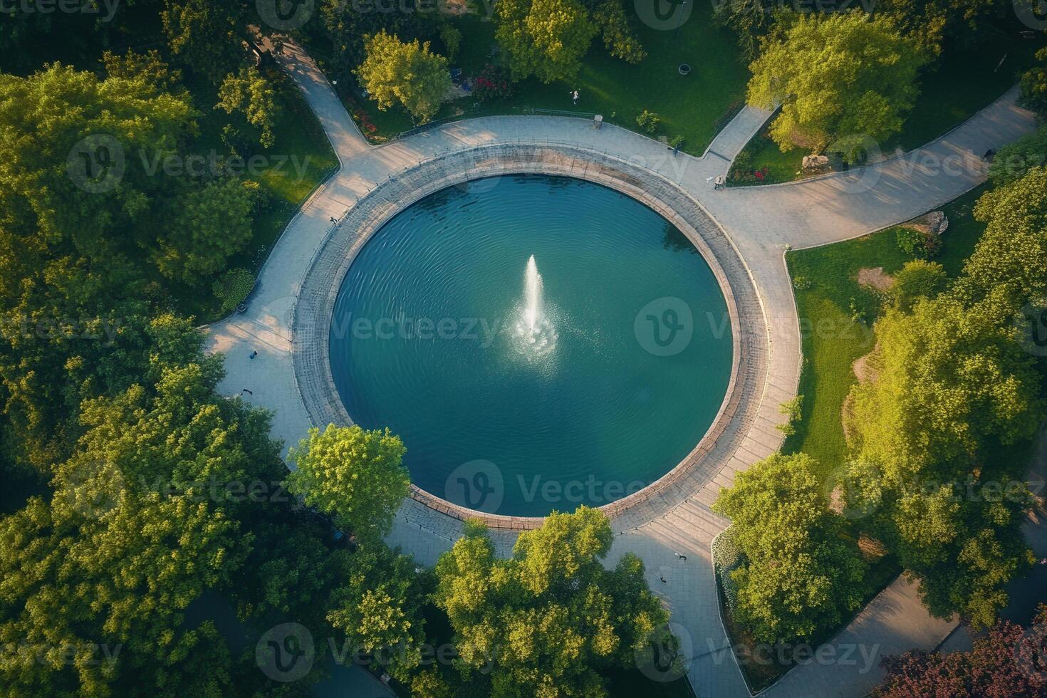 Aerial view of a circular pond with fountain in a lush green park. photo