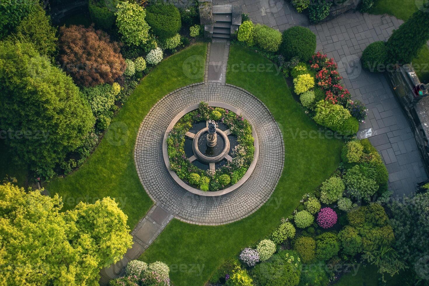 Aerial view of a circular garden with a fountain. photo