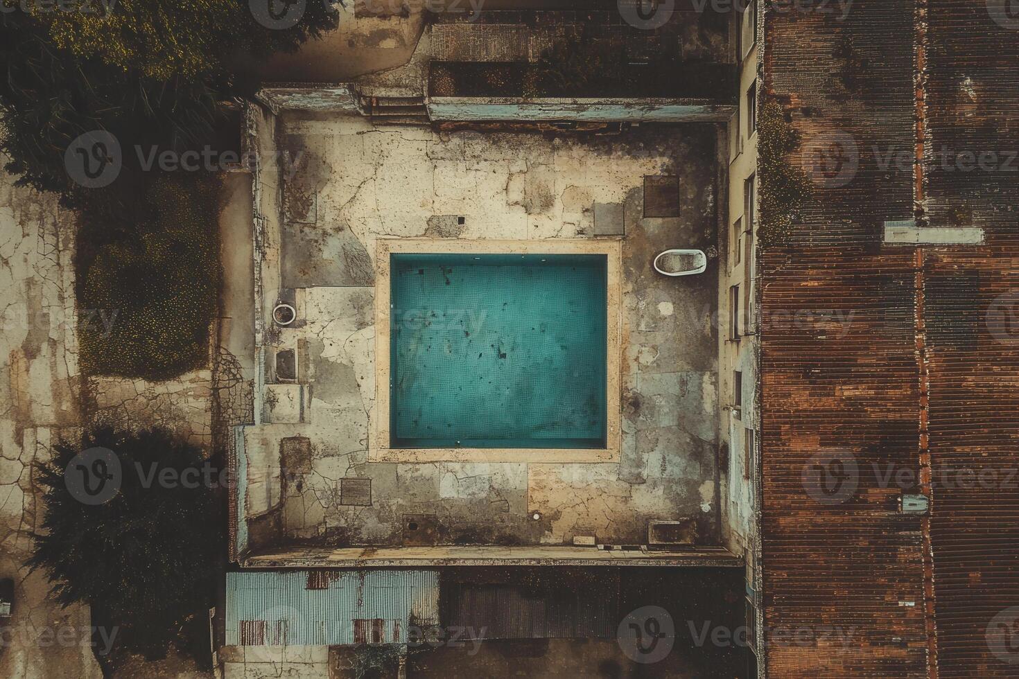 Aerial view of abandoned square pool in dilapidated building courtyard. photo