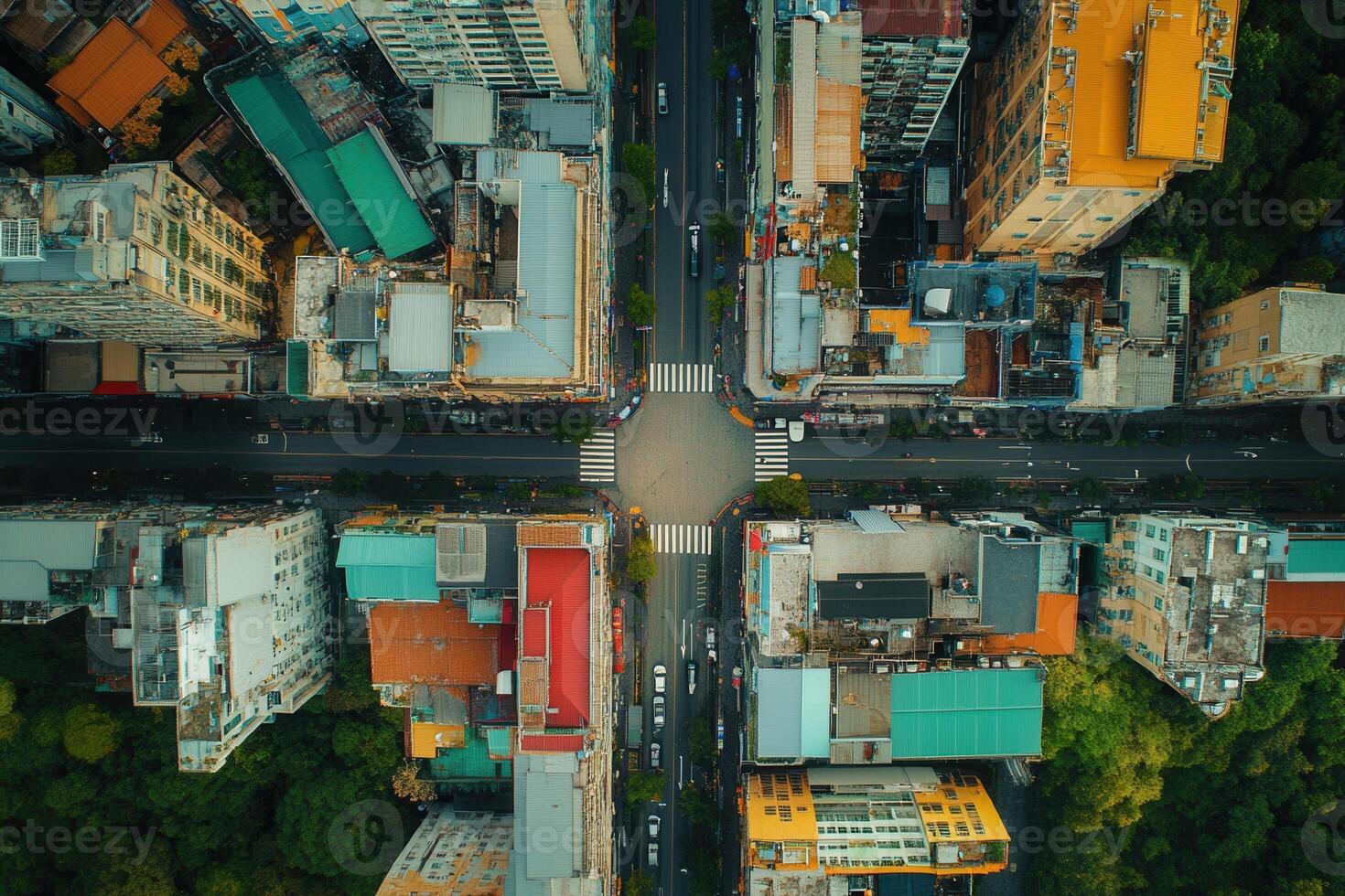 Aerial view of city intersection, roads, buildings, and green spaces. photo