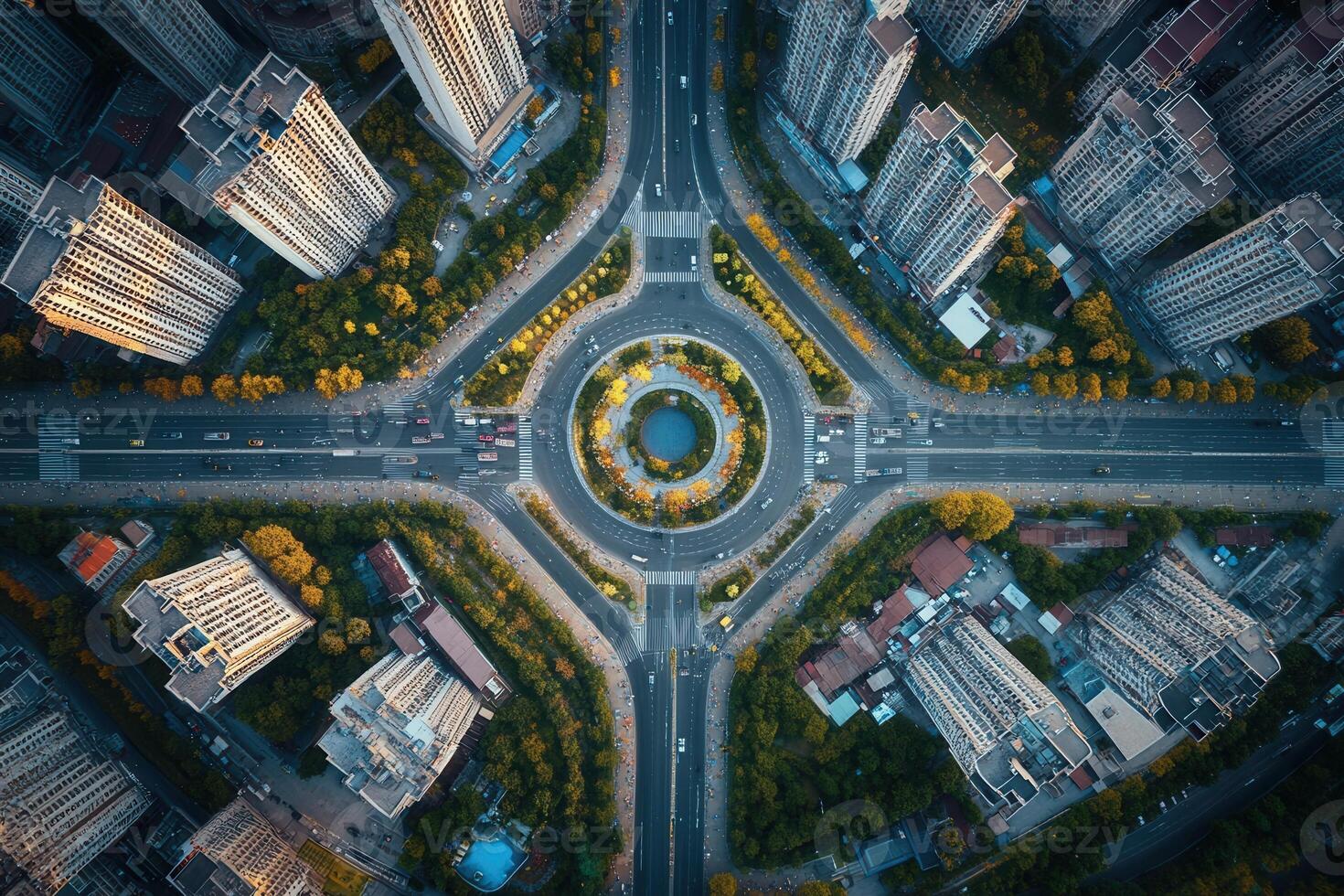 Aerial view of city intersection with round park. photo