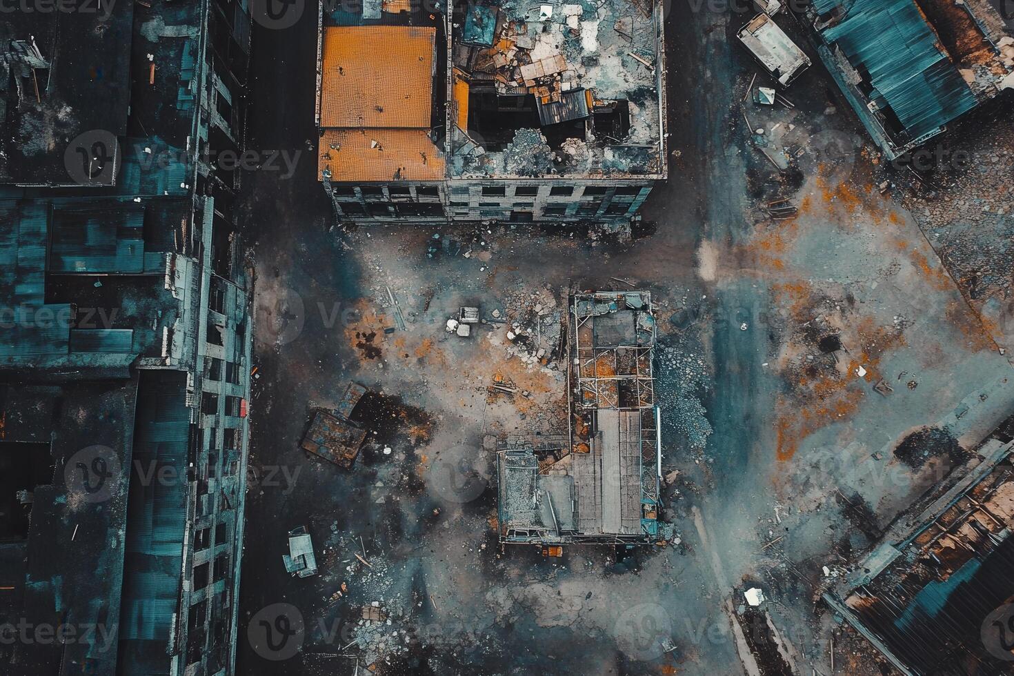 Aerial view of a war-torn city block, showing destroyed buildings and rubble. photo