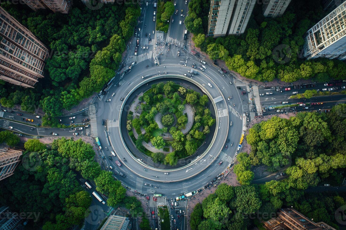 Aerial view of a circular road surrounded by lush greenery and buildings. photo