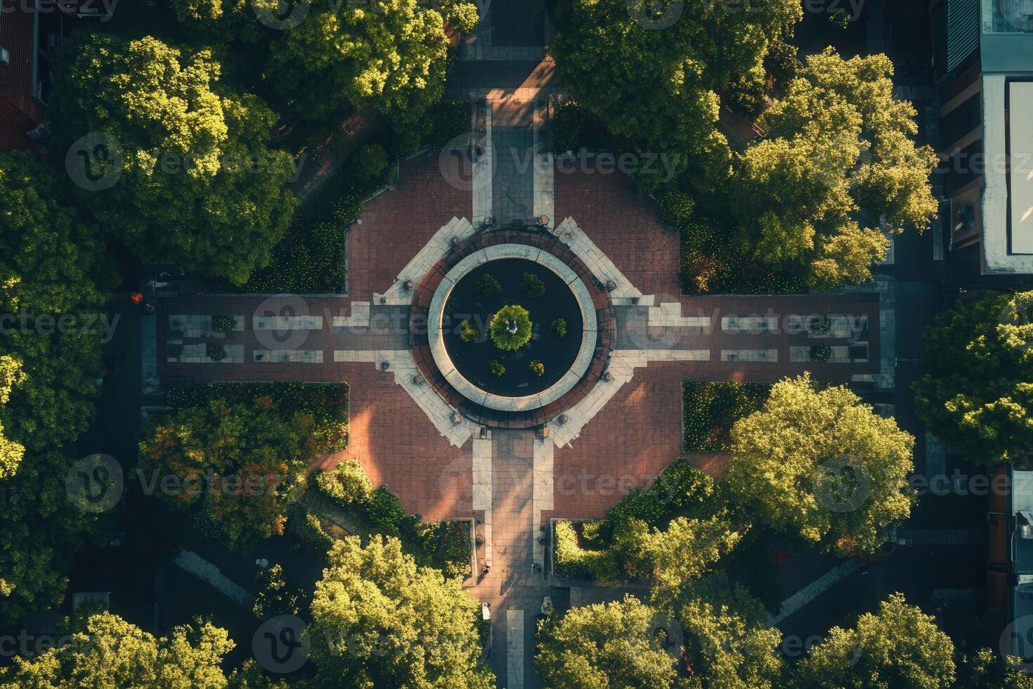 Aerial view of a city park with a circular fountain and surrounding trees. photo