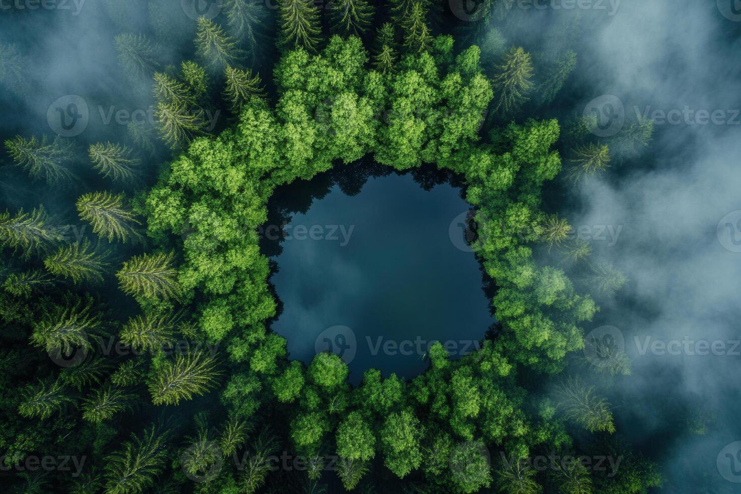 Aerial view of a circular lake surrounded by lush green forest in misty conditions. photo