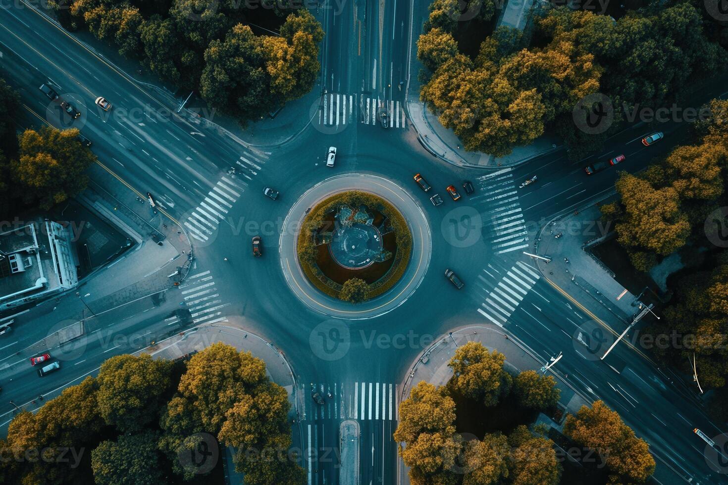Aerial view of a roundabout intersection surrounded by lush greenery. photo