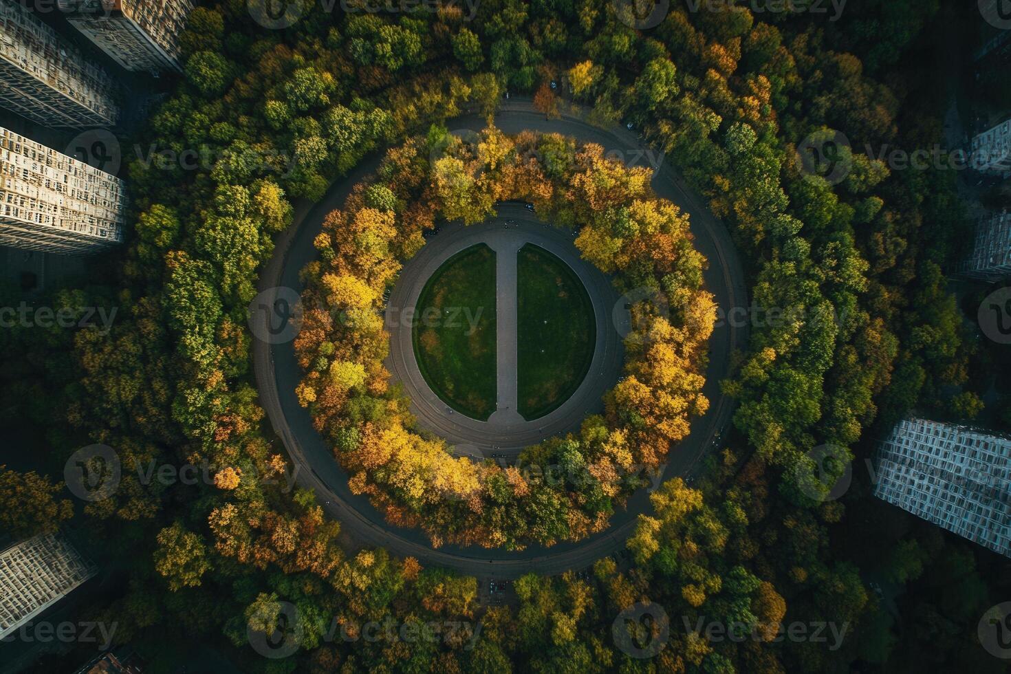 Aerial view of circular park in autumn. photo