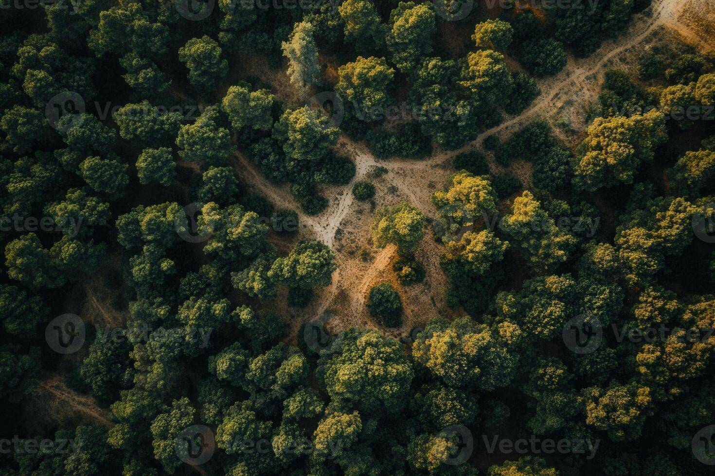 Aerial view of dense forest with trails. photo