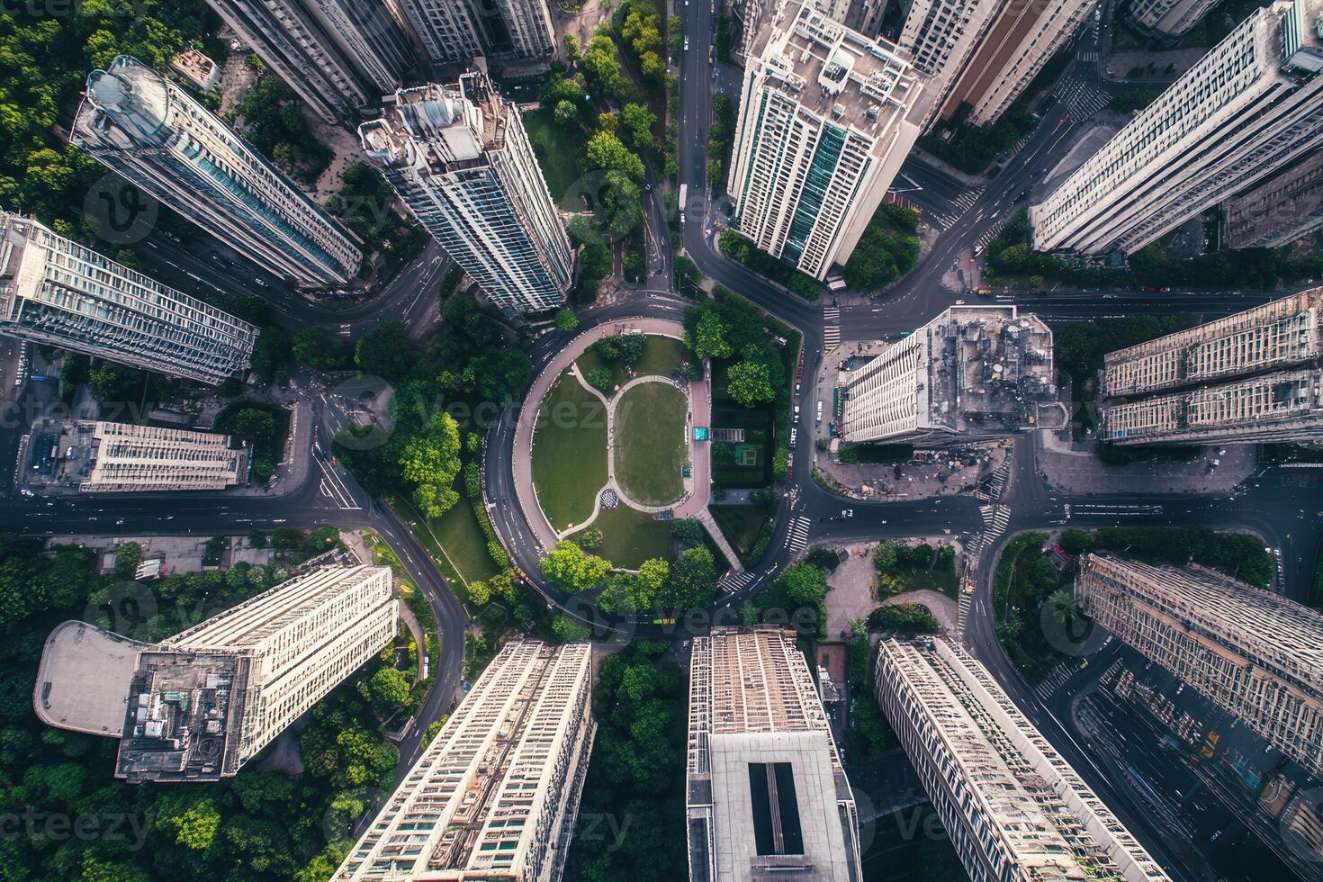 Aerial view of city skyscrapers surrounding a central park. photo