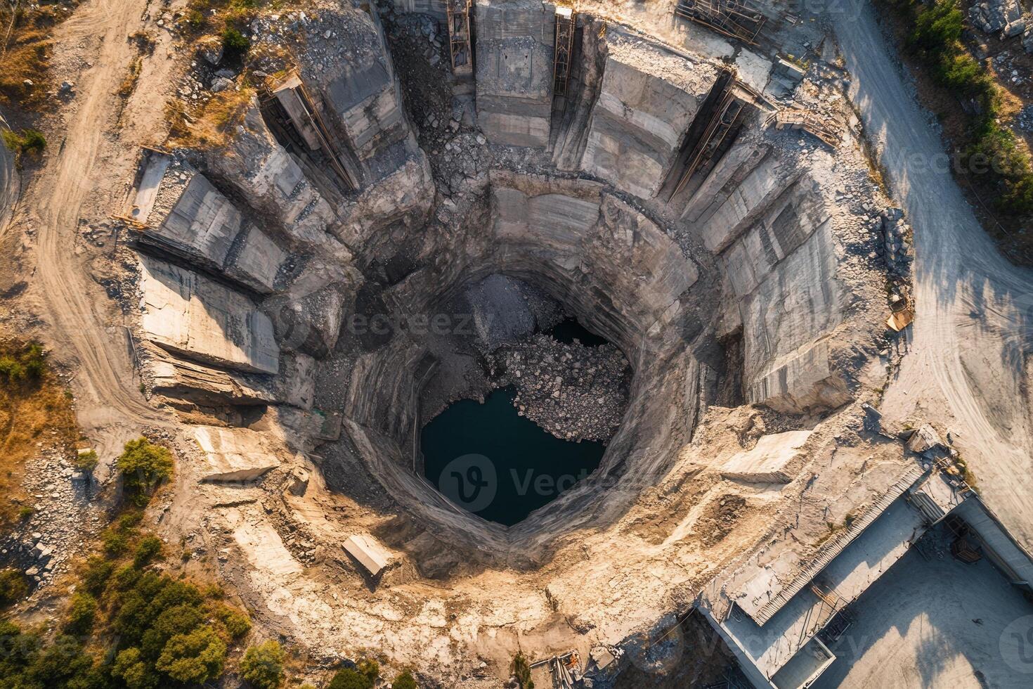 Aerial view of a large quarry hole filled with water. photo