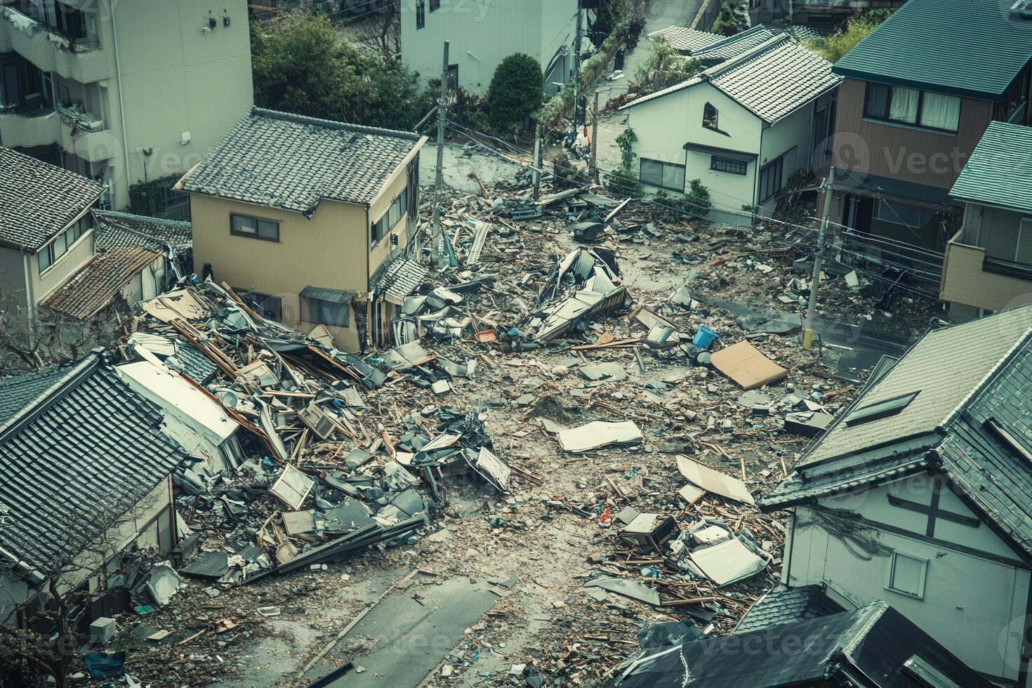 Aerial view of residential area devastated by natural disaster debris, damaged houses, destruction photo