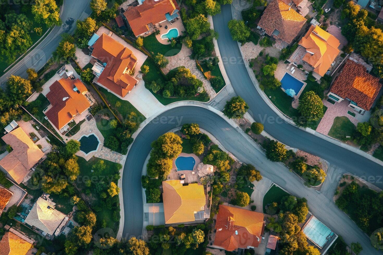 Aerial view of suburban neighborhood with houses, pools, and winding roads. photo