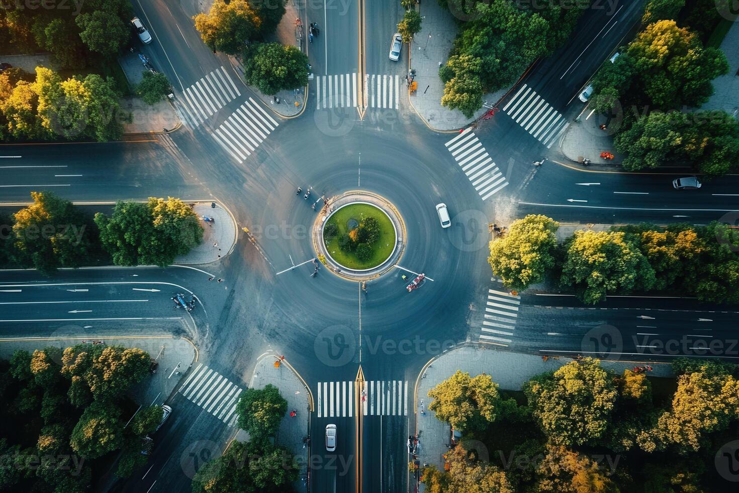 Aerial view of a roundabout intersection with traffic and green spaces. photo