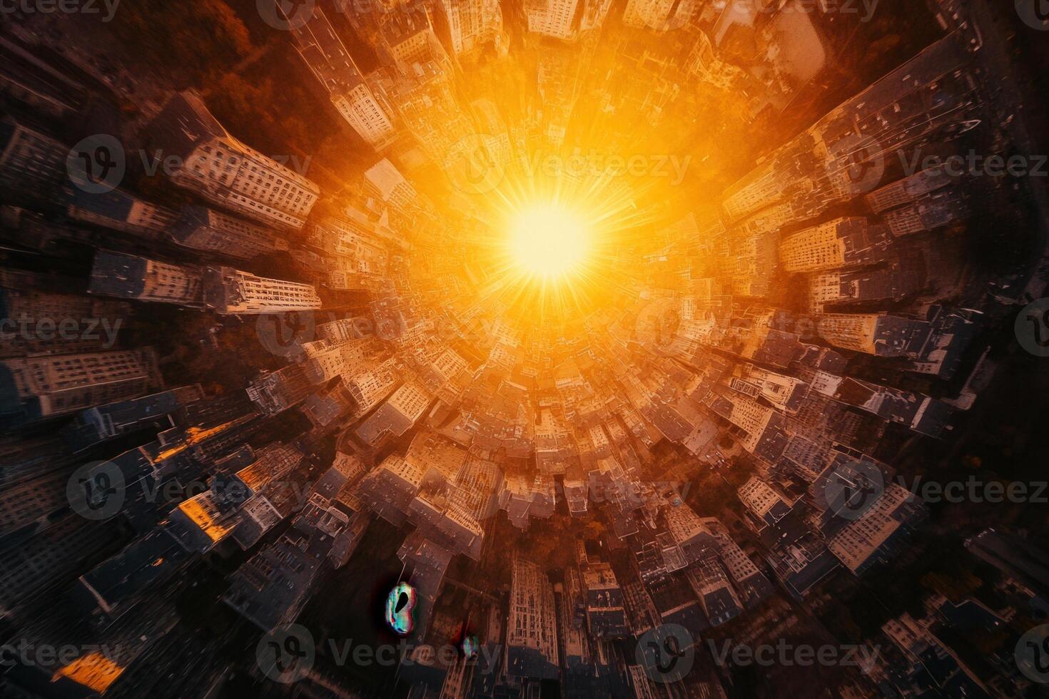 Aerial view of city buildings converging towards a bright sun. photo