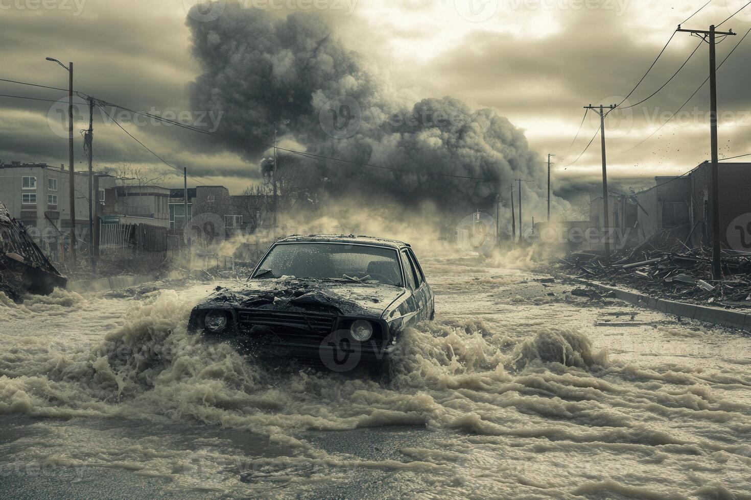 Car driving through flooded street with smoke in background. photo