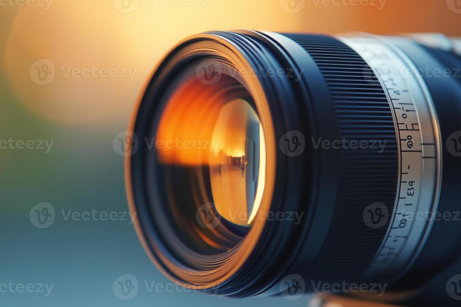 Close-up of a camera lens with warm sunset reflection. photo