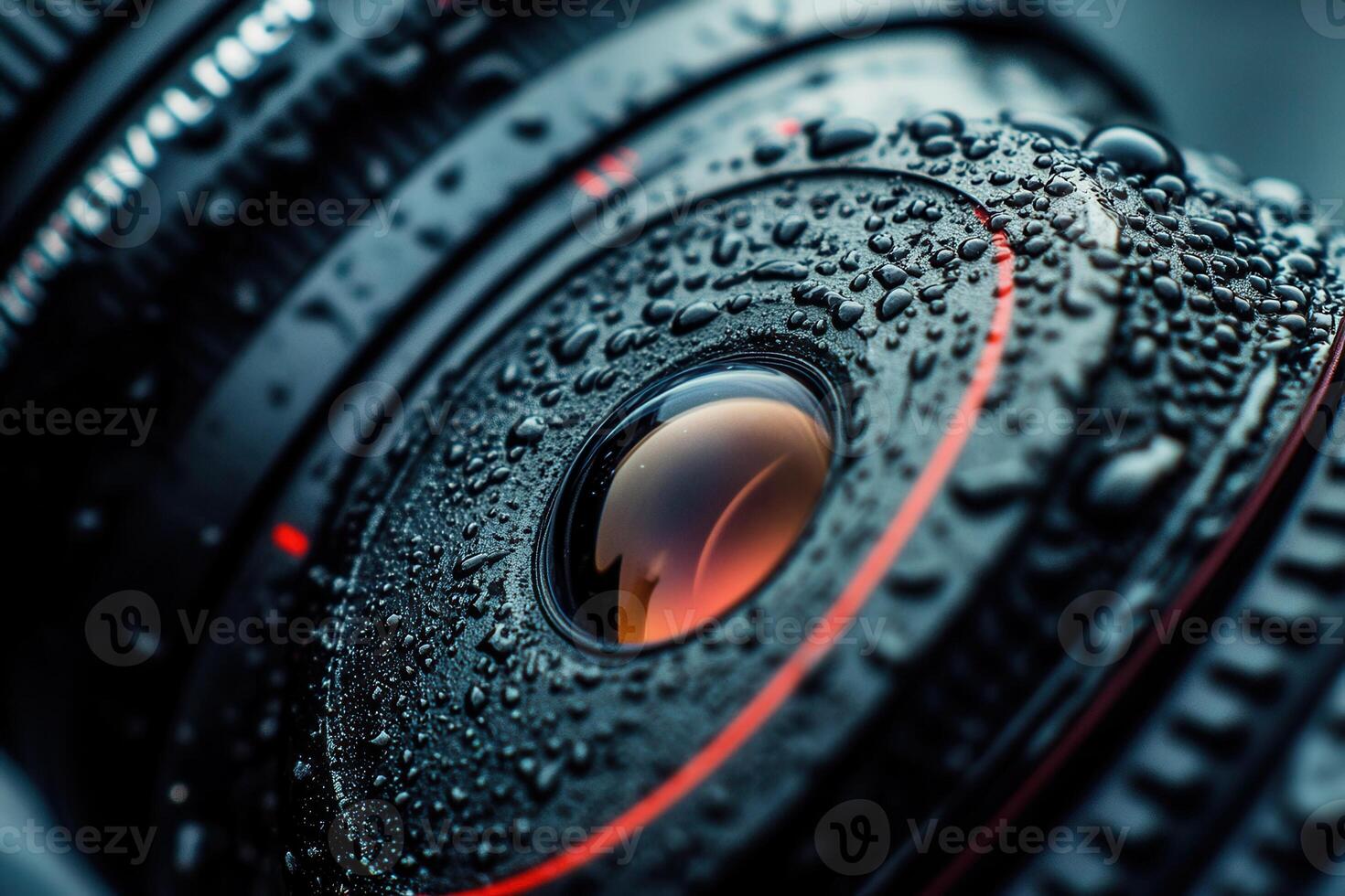 Close-up of a camera lens covered in water droplets. photo