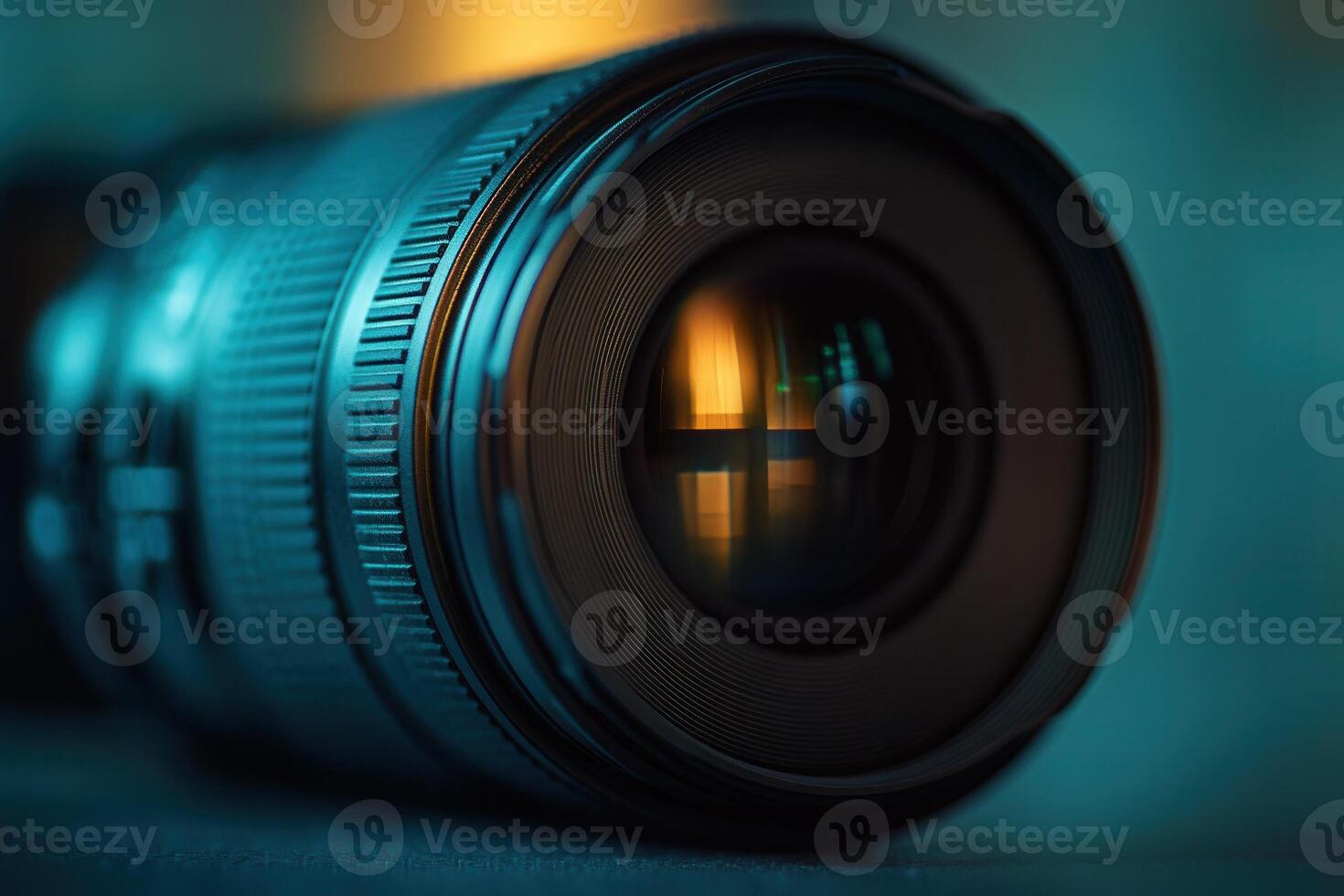 Close-up of a camera lens with a shallow depth of field and warm light reflecting in the aperture. photo