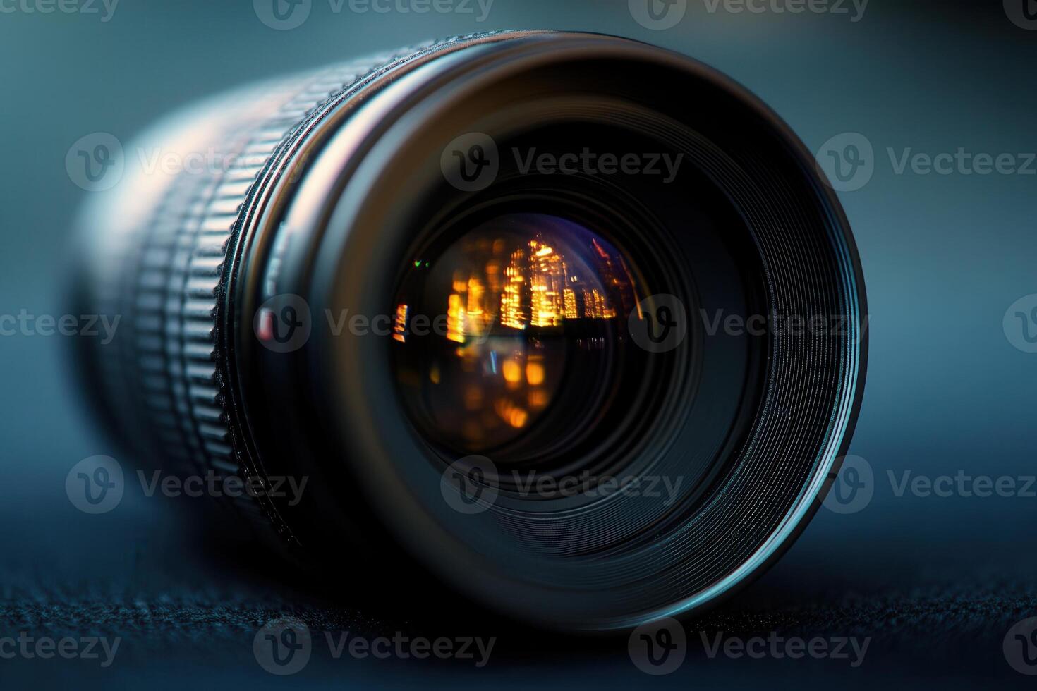 Close-up of a camera lens reflecting city lights. photo