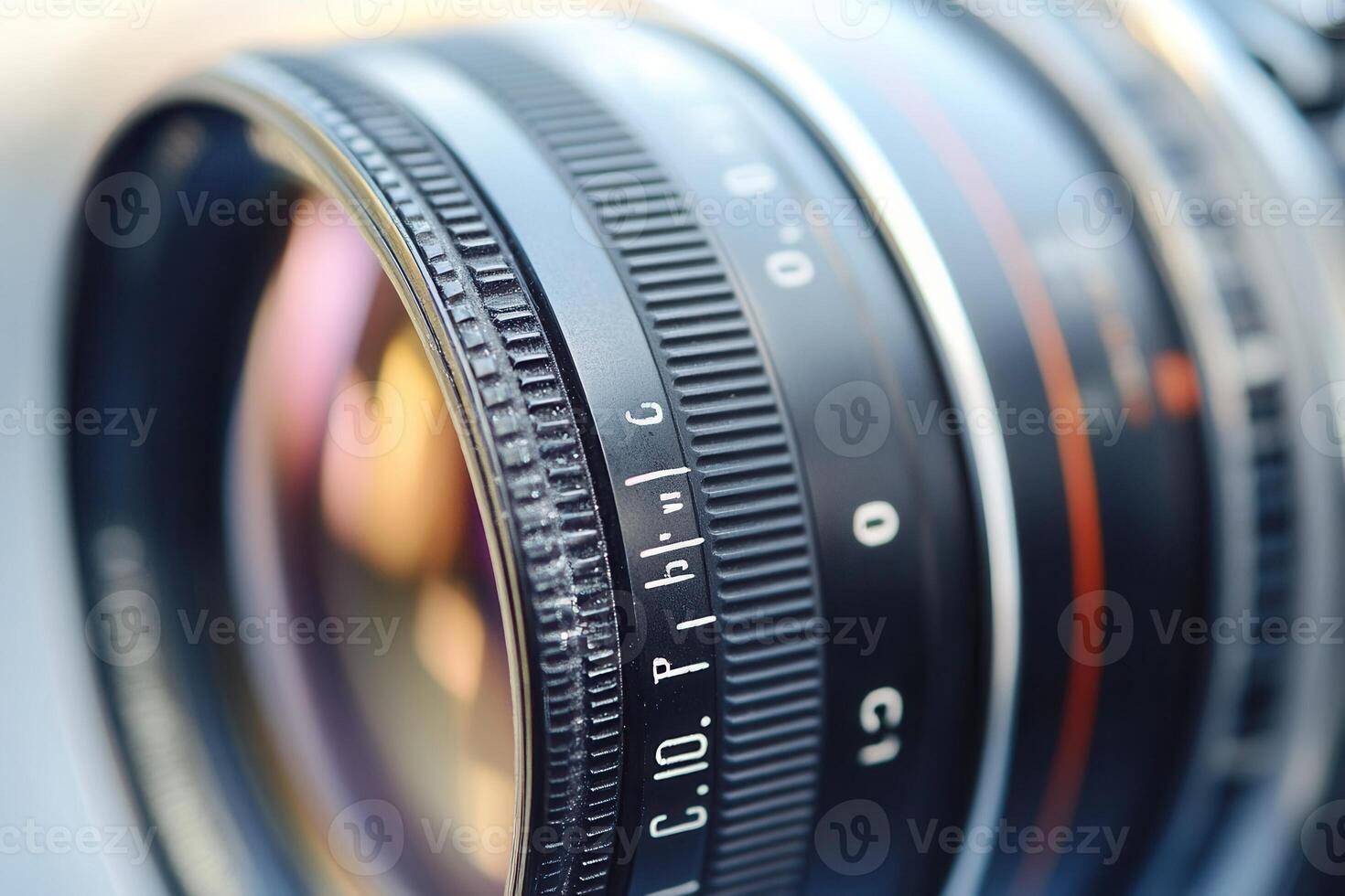 Close-up of a camera lens with aperture and focus rings. photo