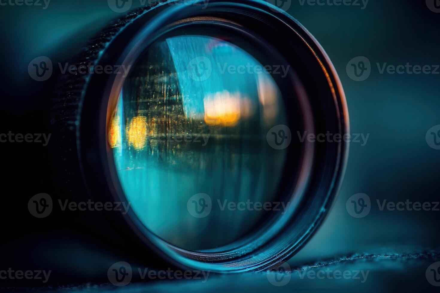 Close-up of a camera lens reflecting a cityscape sunset. photo