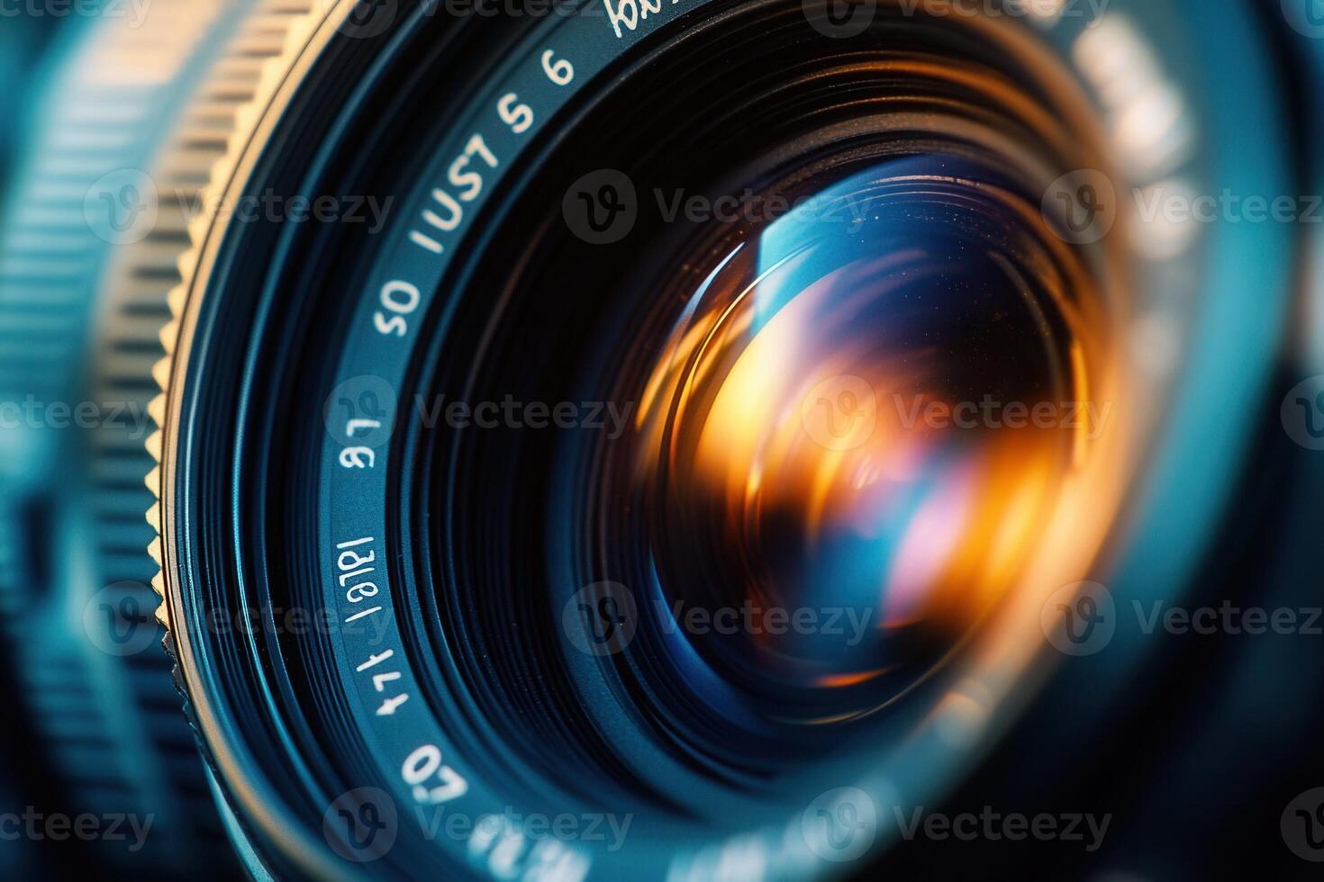 Close-up of a camera lens with aperture and focus settings visible. photo