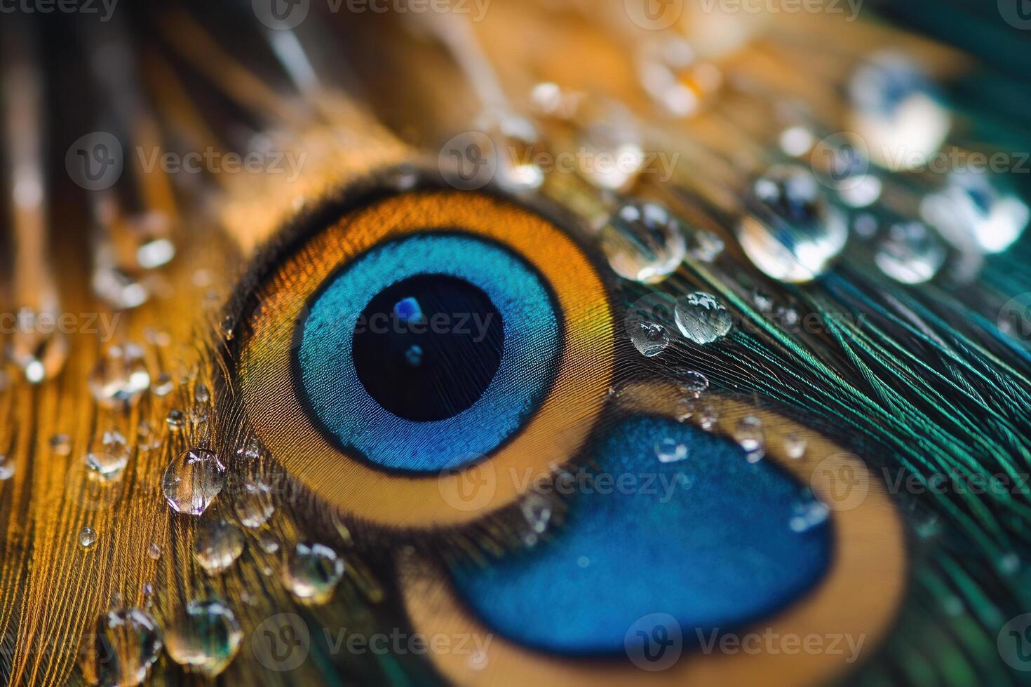 Close-up of a peacock feather with water droplets. photo