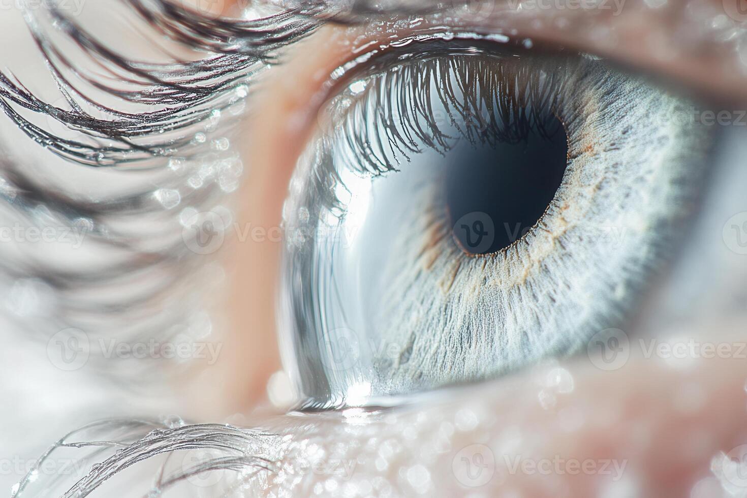 Close-up of a human eye with water droplets. photo