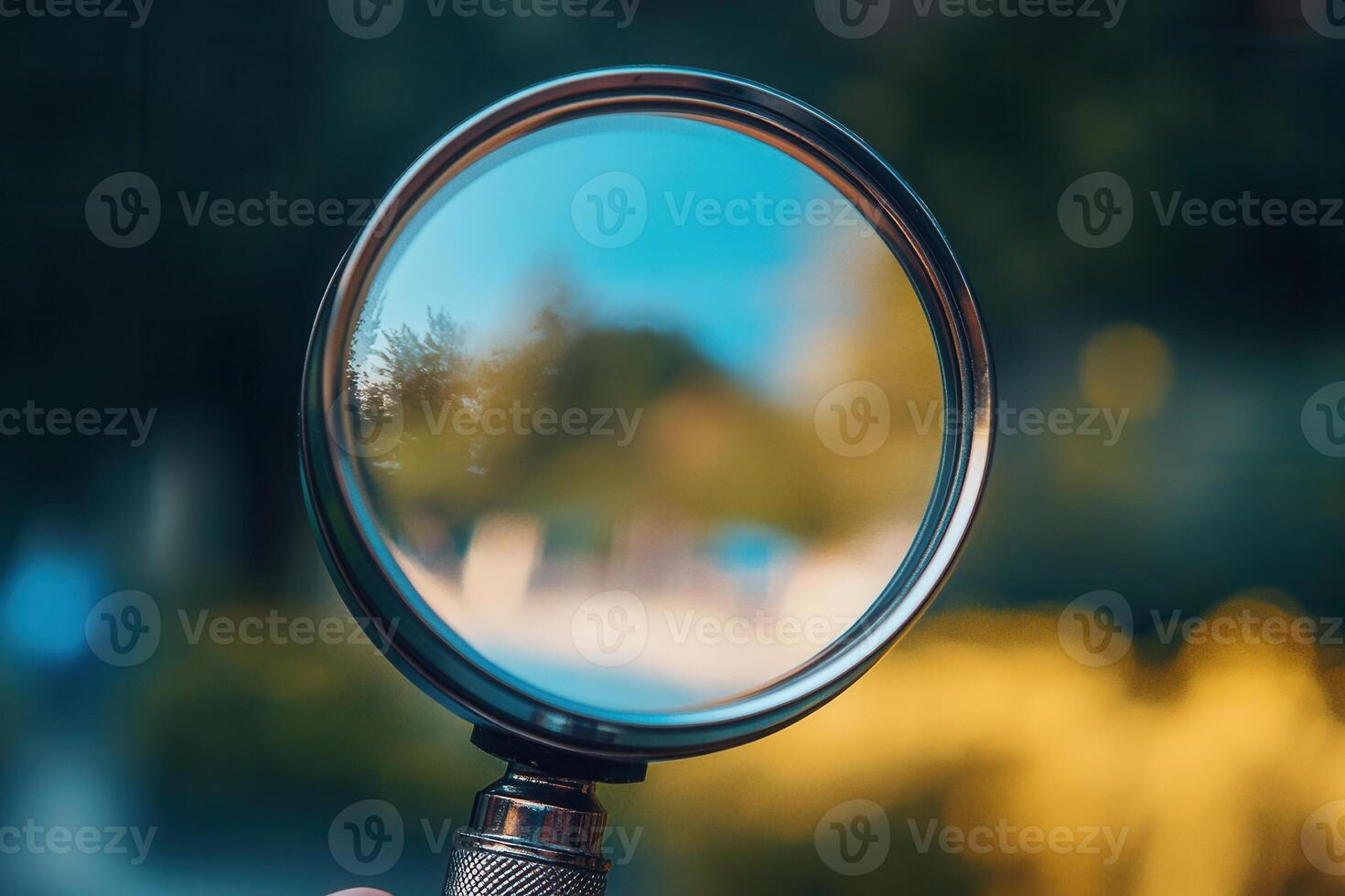 Close-up of a magnifying glass reflecting a blurred park scene. photo