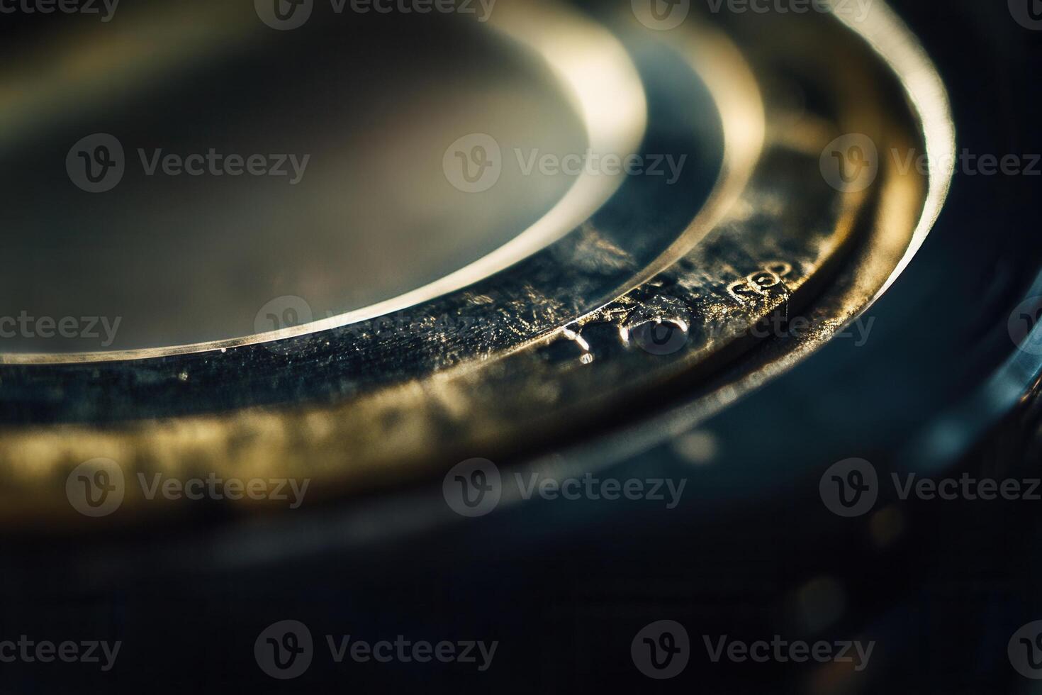Close-up of a metallic ring with etched details, showing texture and depth of field. photo