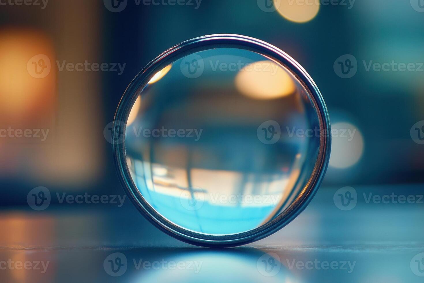 Close-up of a glass sphere reflecting blurred lights. photo
