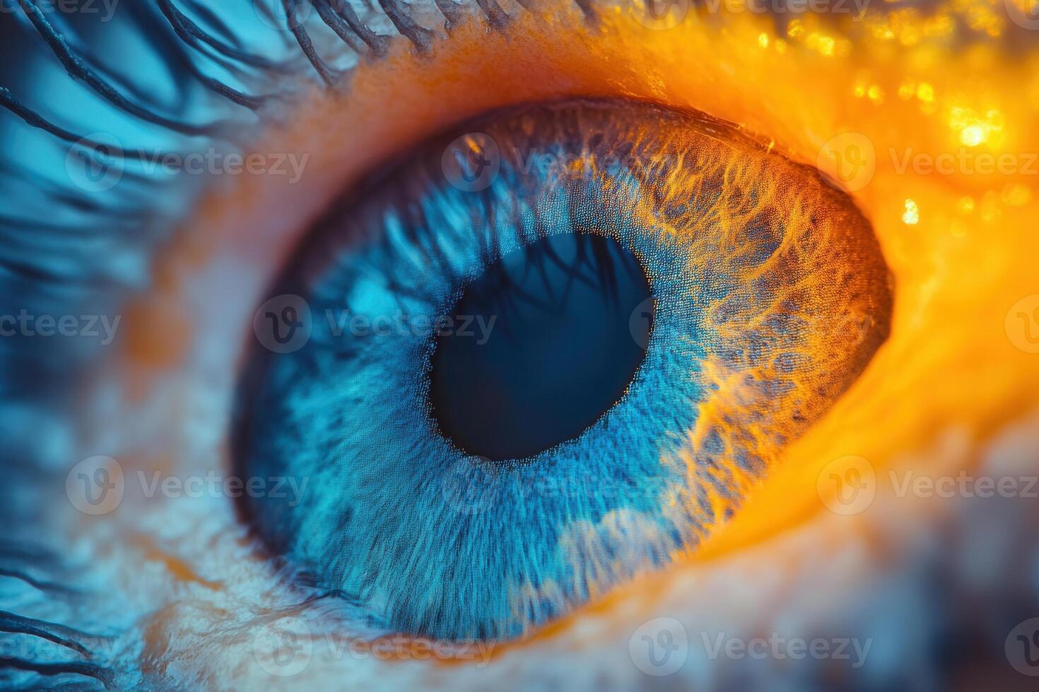 Close-up of a human eye with blue and orange iris. photo