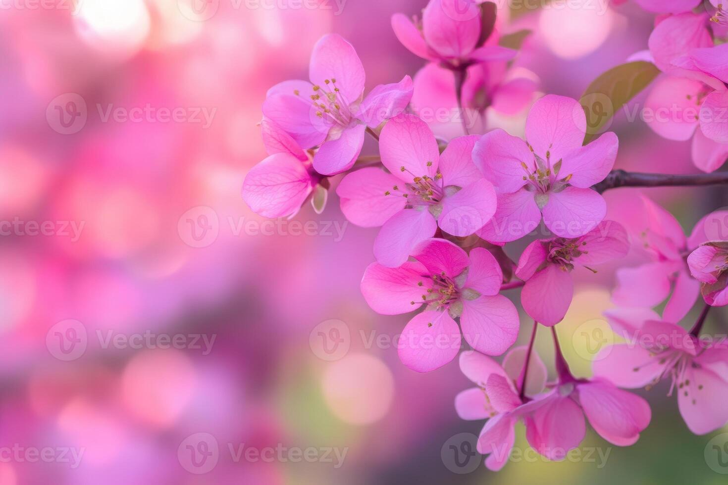 Close-up of delicate pink blossoms on a branch, soft-focus background. photo