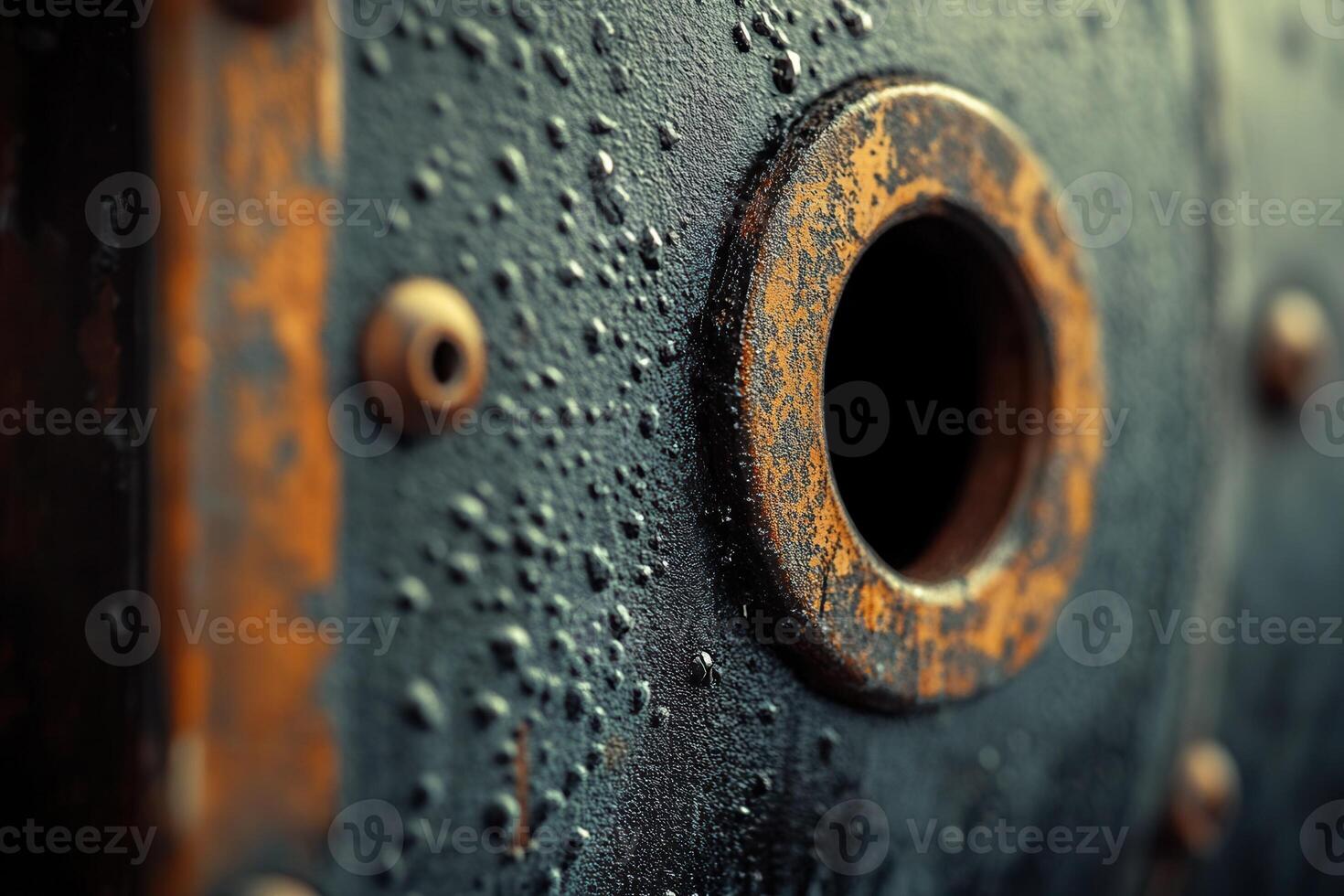 Close-up of a rusty, dark metal surface with water droplets and a circular hole. photo