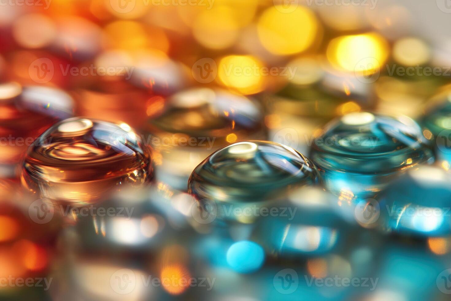 Close-up of colorful translucent spheres with bokeh effect. photo