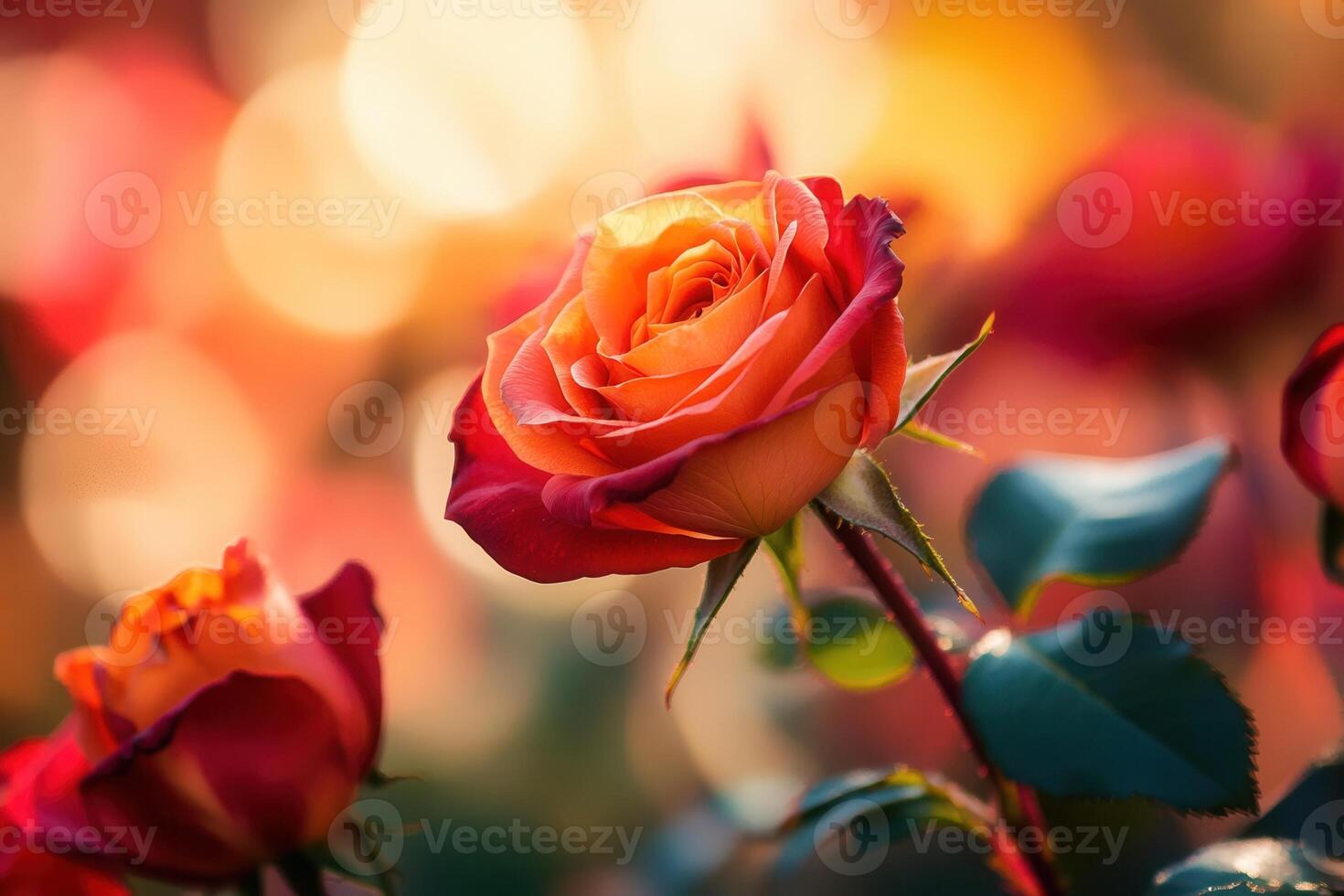 Close-up of a vibrant orange and red rose in bloom, with bokeh background. photo