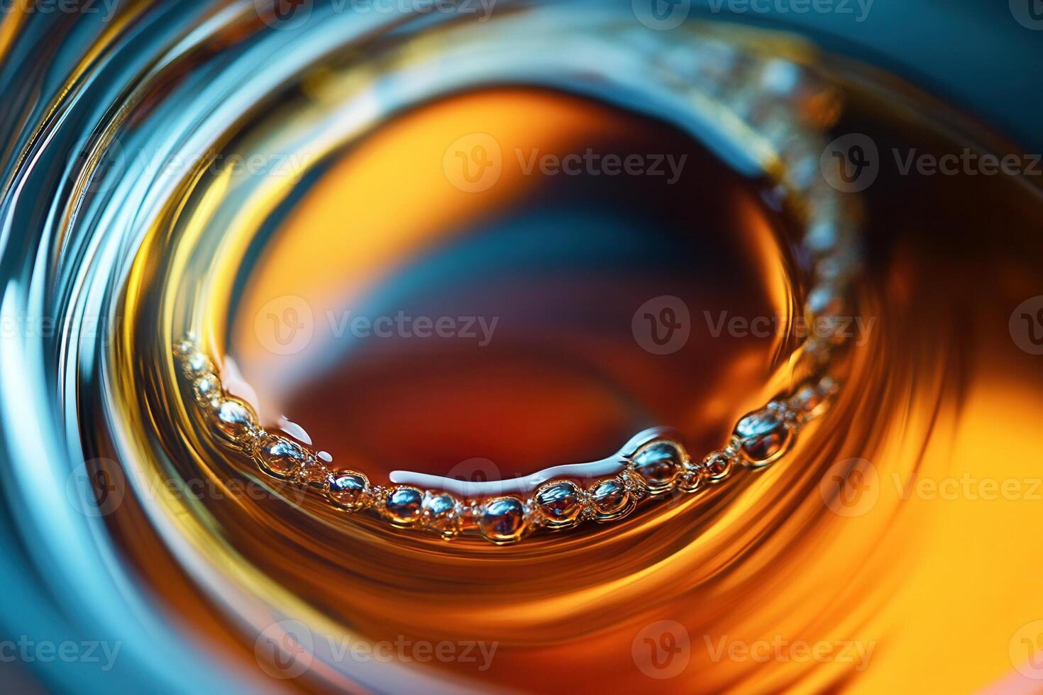 Close-up of amber liquid with bubbles swirling in a glass. photo