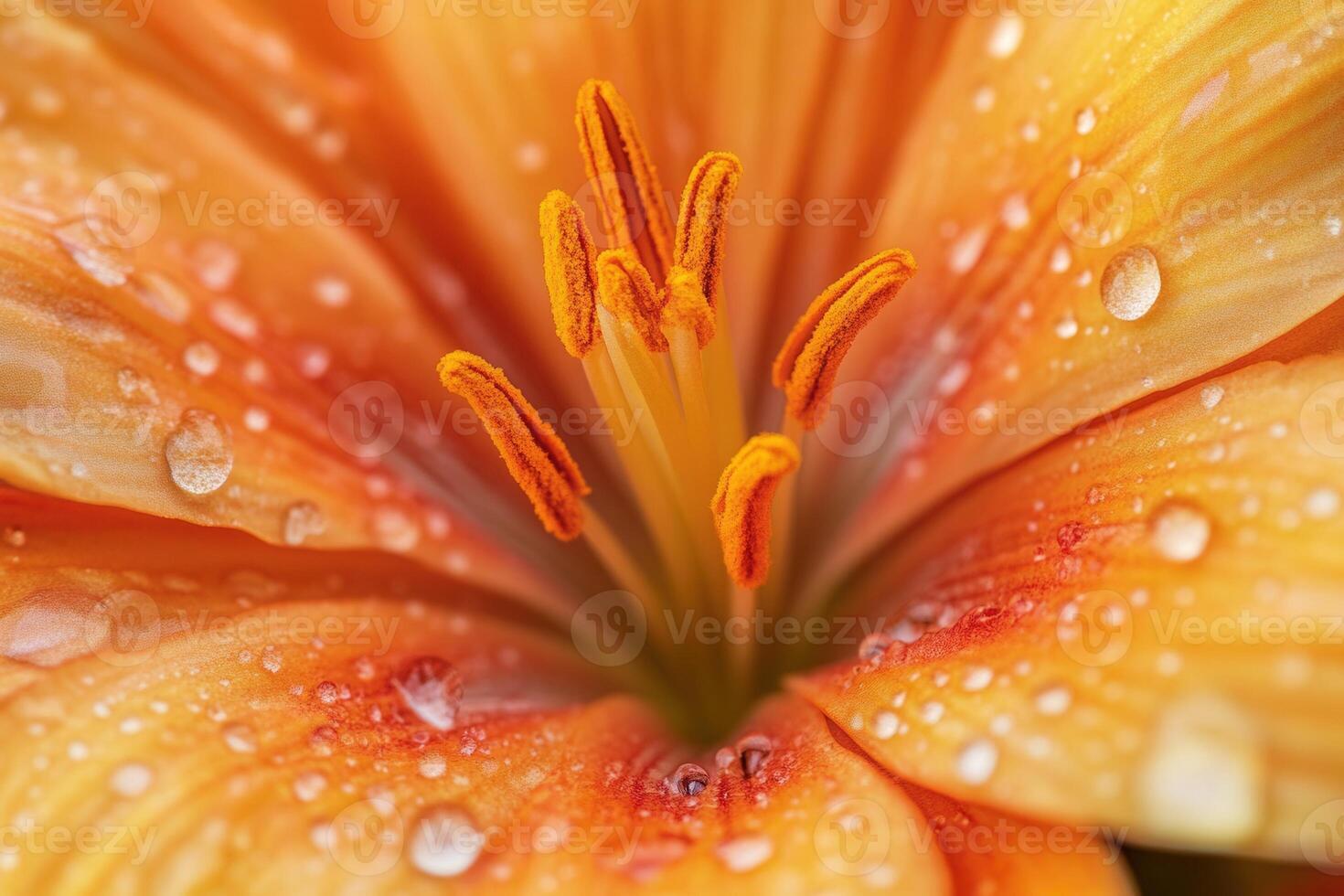 Close-up of an orange lily flower with water droplets on its petals. photo