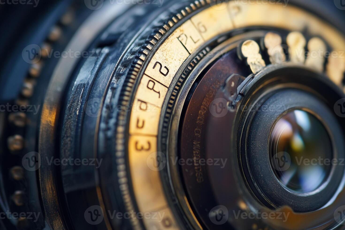 Close-up of antique camera lens aperture and shutter speed settings. photo