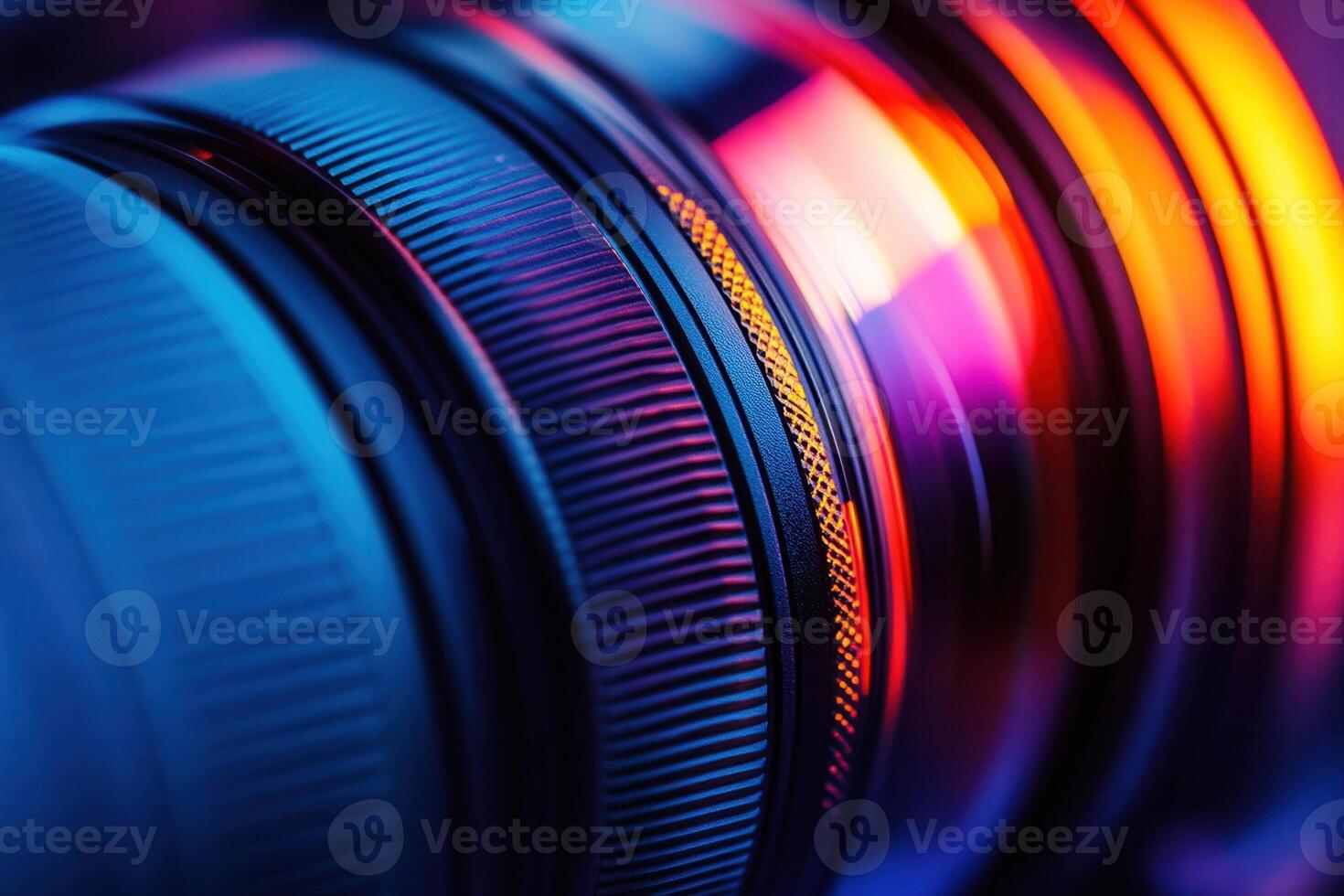 Close-up of camera lens with colorful light reflections. photo