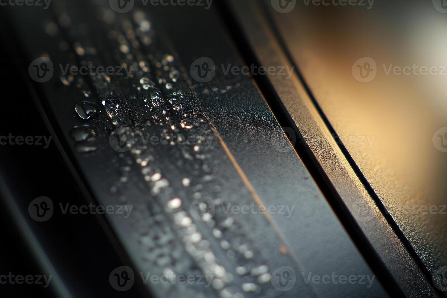 Close-up of condensation on a dark metallic surface. photo
