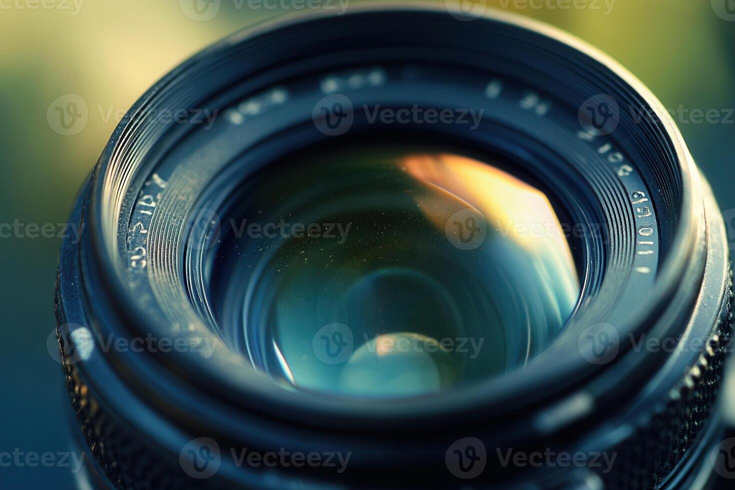 Close-up of a vintage camera lens with sun flare. photo