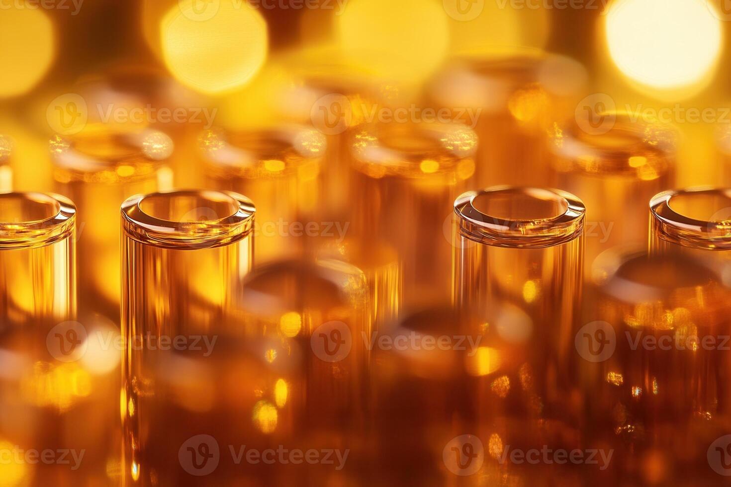 Close-up of amber glass vials against a bokeh background. photo