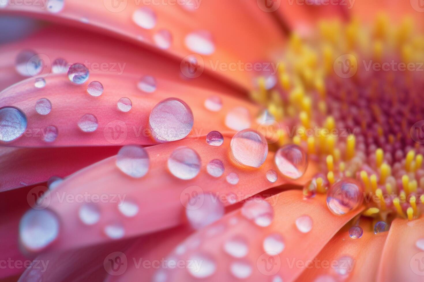 Close-up of dew drops on a pink gerbera daisy petal. photo