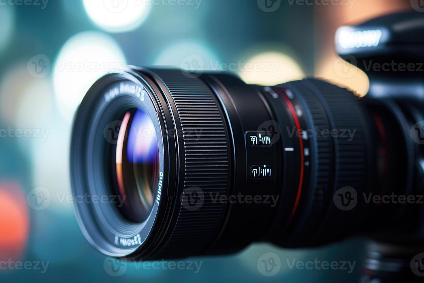 Close-up of professional camera lens with bokeh background. photo