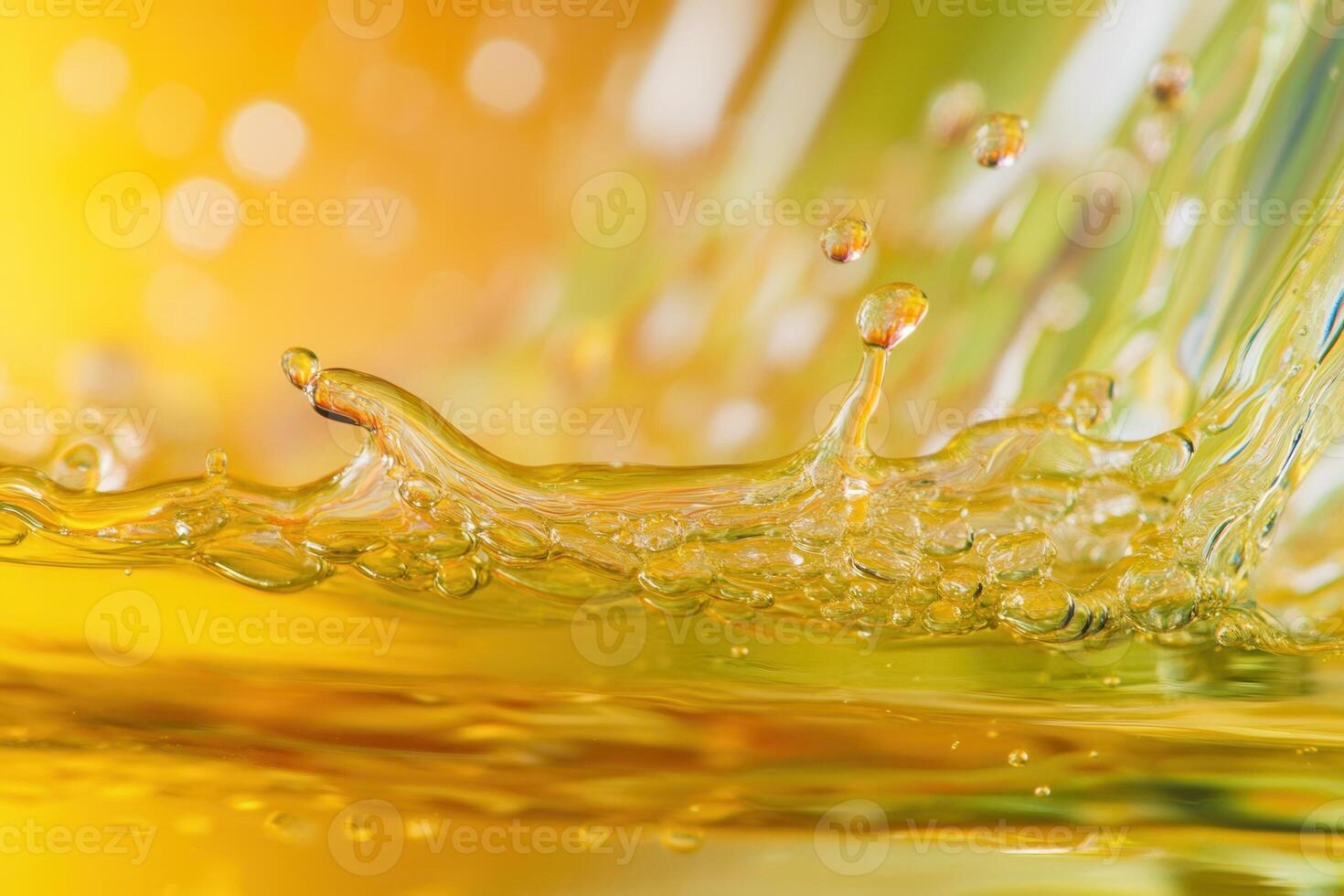Close-up of golden liquid splashing, creating dynamic wave and droplets. photo